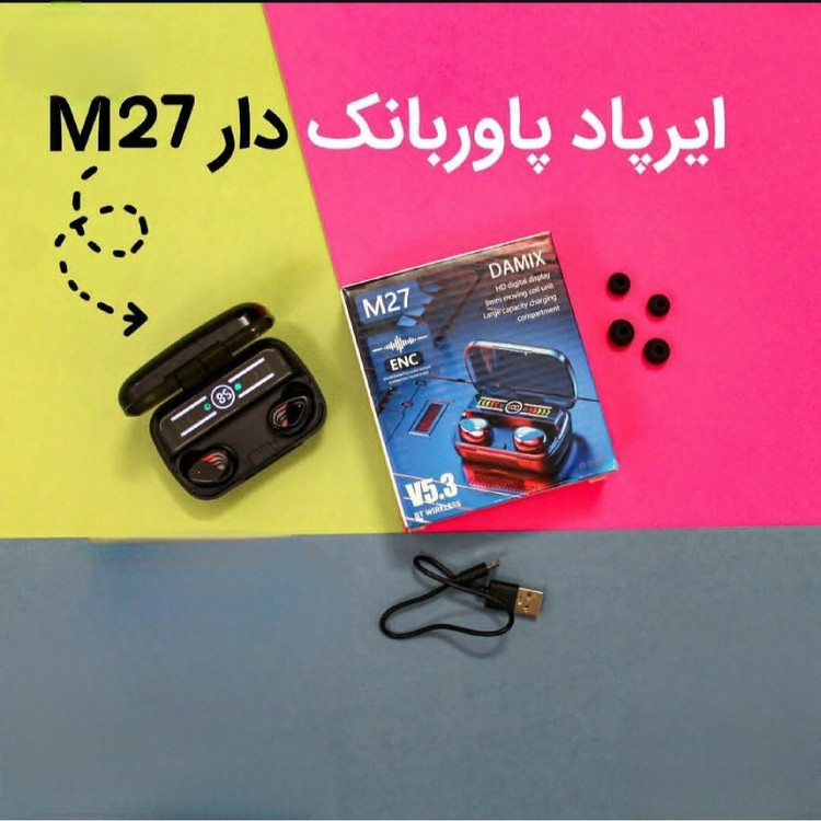 ایرپادM27 پاوربانک دار کیفیت درجه یک بلوتوث نسخه 5/3 صحفه نمایش دار 2026 ارسال فوری