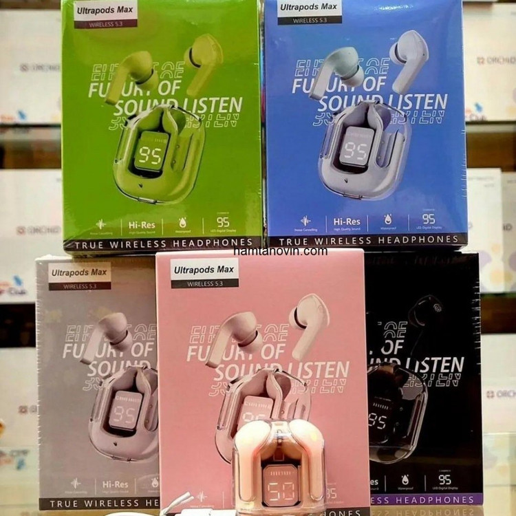 ایرپاد هندزفری شیشه ای Ultrapods Max دارای ANC و LCD ترنس پرنت و طراحی ارگونومی (فروش تک به قیمت عمده)