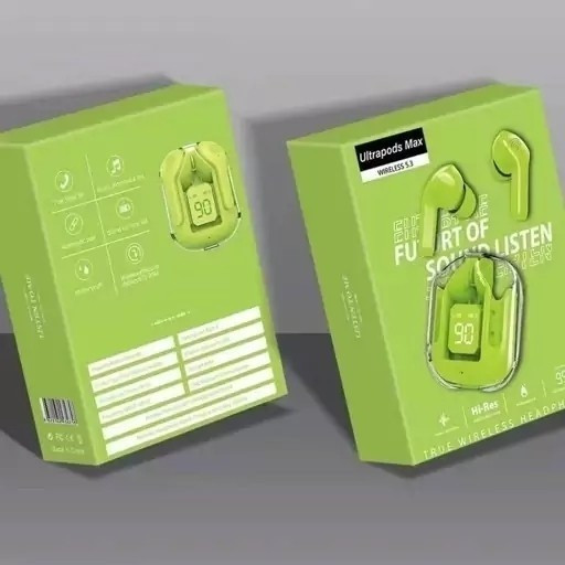ایرپاد هندزفری شیشه ای Ultrapods Max دارای ANC و LCD ترنس پرنت و طراحی ارگونومی (فروش تک به قیمت عمده)