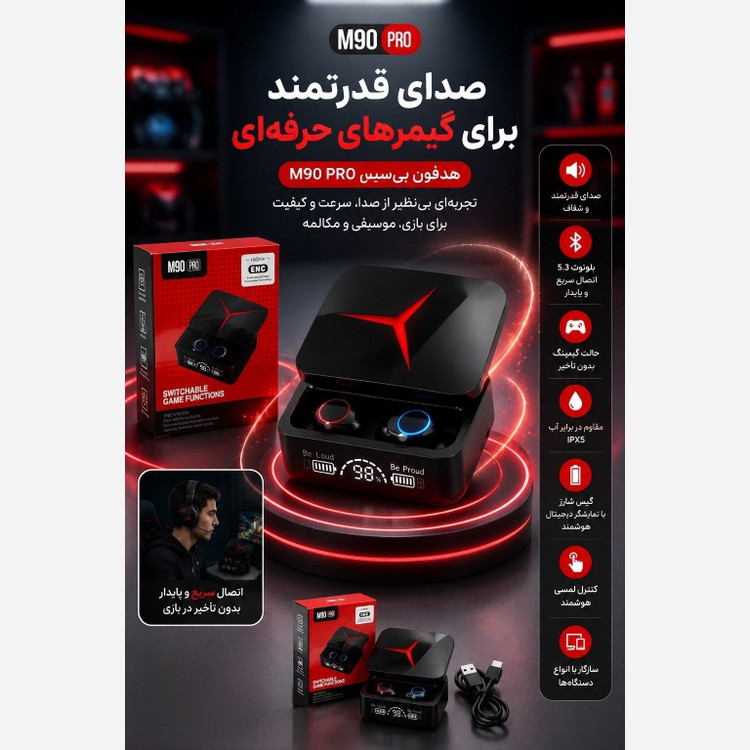 ایرپاد M90 pro کنسلینگ مکالمه گیمینگ ضدآب اورجینال 2026 پاوربانک دار کیفیت درجه یک بلوتوث نسخه 5/3 صحفه نمایش دار