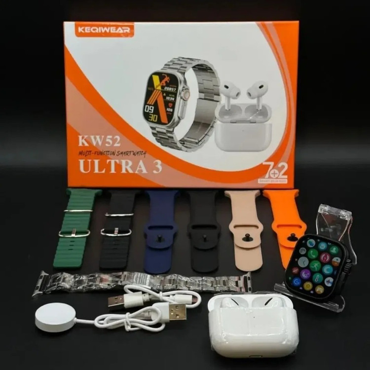 ساعت هوشمند KW52 ULTRA 3 هفت بند همراه با ایرپاد بند فلزی ورژن 2026 تمام صحفه اورجینال (کامل ترین پک ساعت