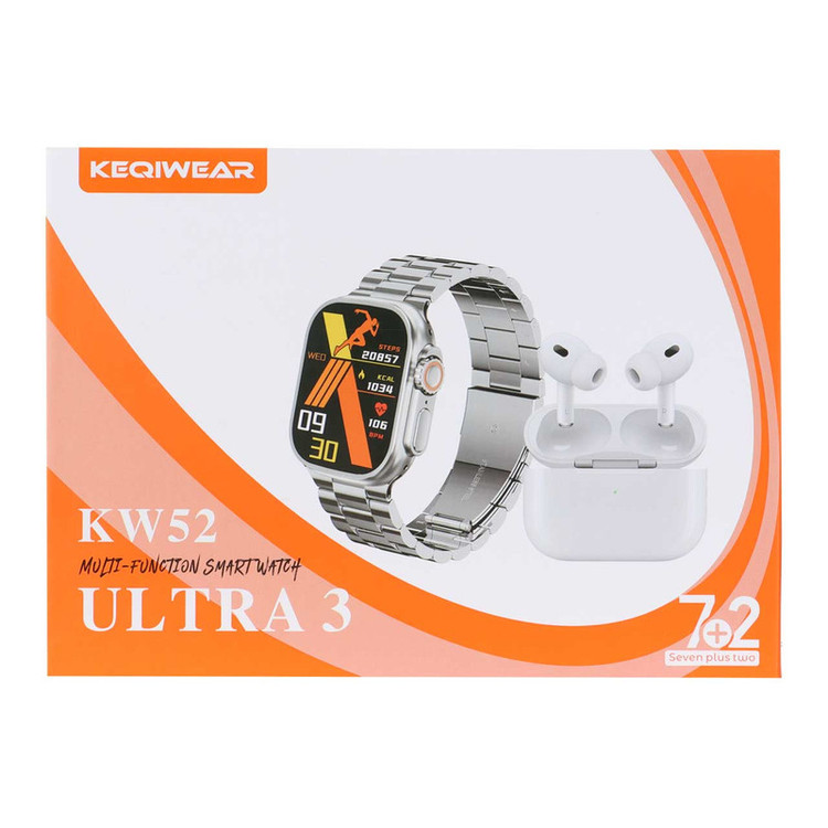 ساعت هوشمند 49 میلی متری مدل KEQIWEAR KW52 Ultra3 با بند فلزی ایرپاد هدست هندزفری پاوربانک هولدر شارژر ساعت هوشمند